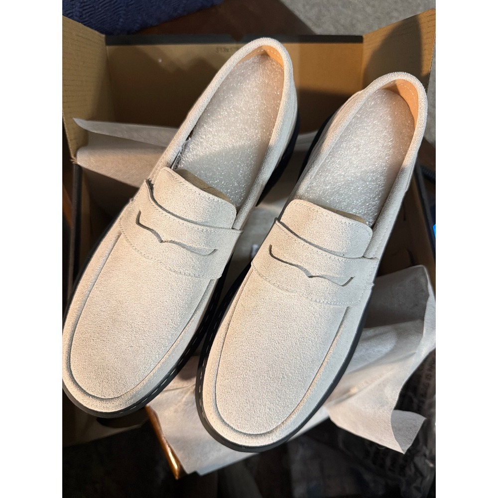 Cream Faux Suede Penny Loafers Lug Sole Platform Slip On Shoes Off White